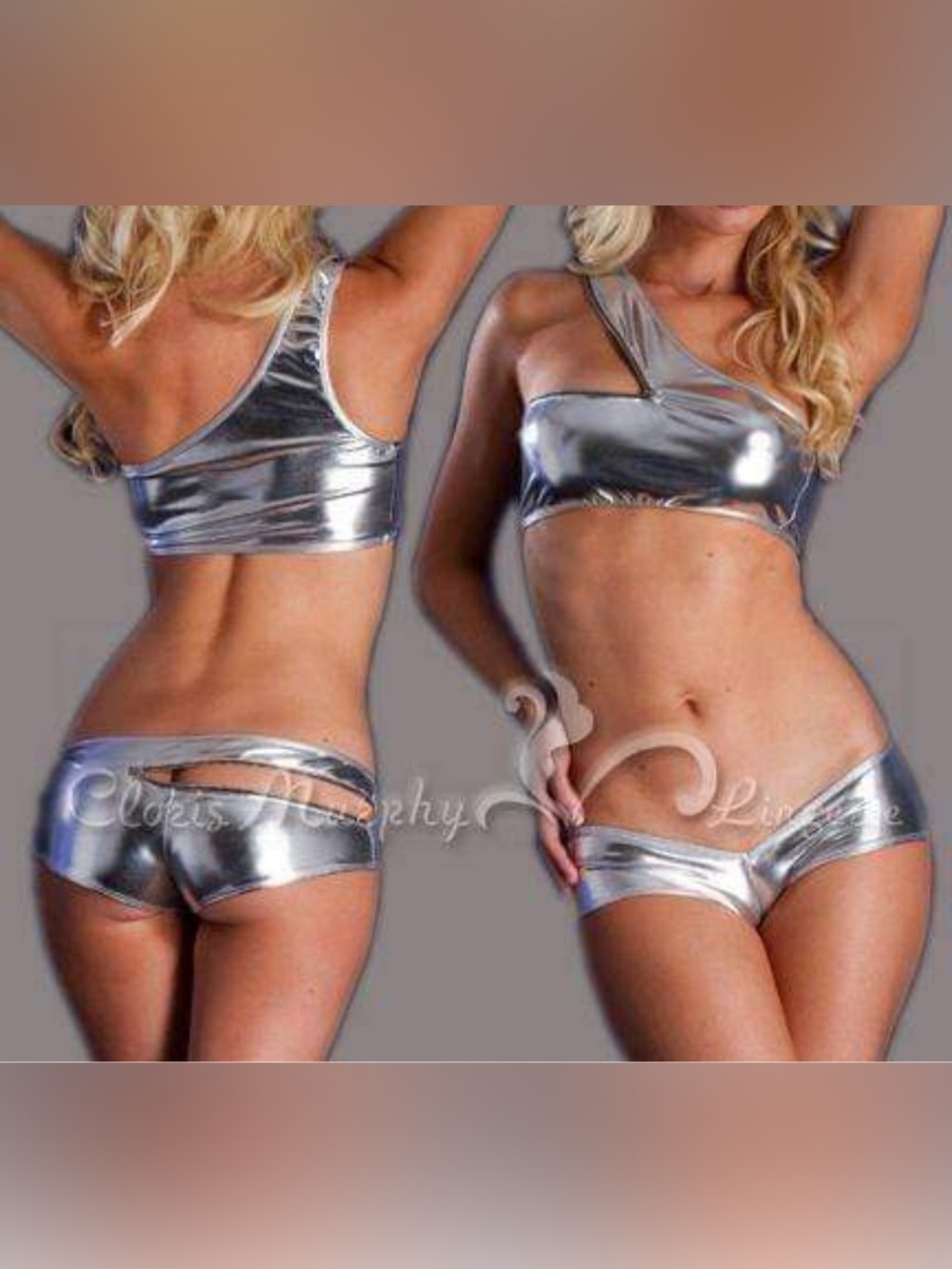 NWOT Sexy Skimpy 2pc Cloris Murphy Silver Lame Bandeau Top Booty Shorts Bikini